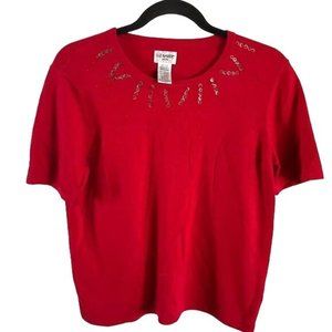 Liz Baker (Petite) Red Short Sleeve Sweater Top w/ Sequin Detail, Sz Med Petite